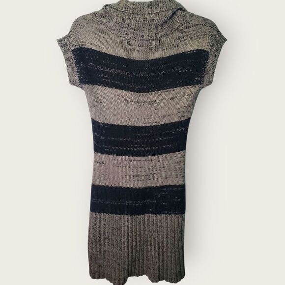 Y2K Black Gray Striped Knit Cowl Neck Mini Dress Size Large - Picture 2 of 7